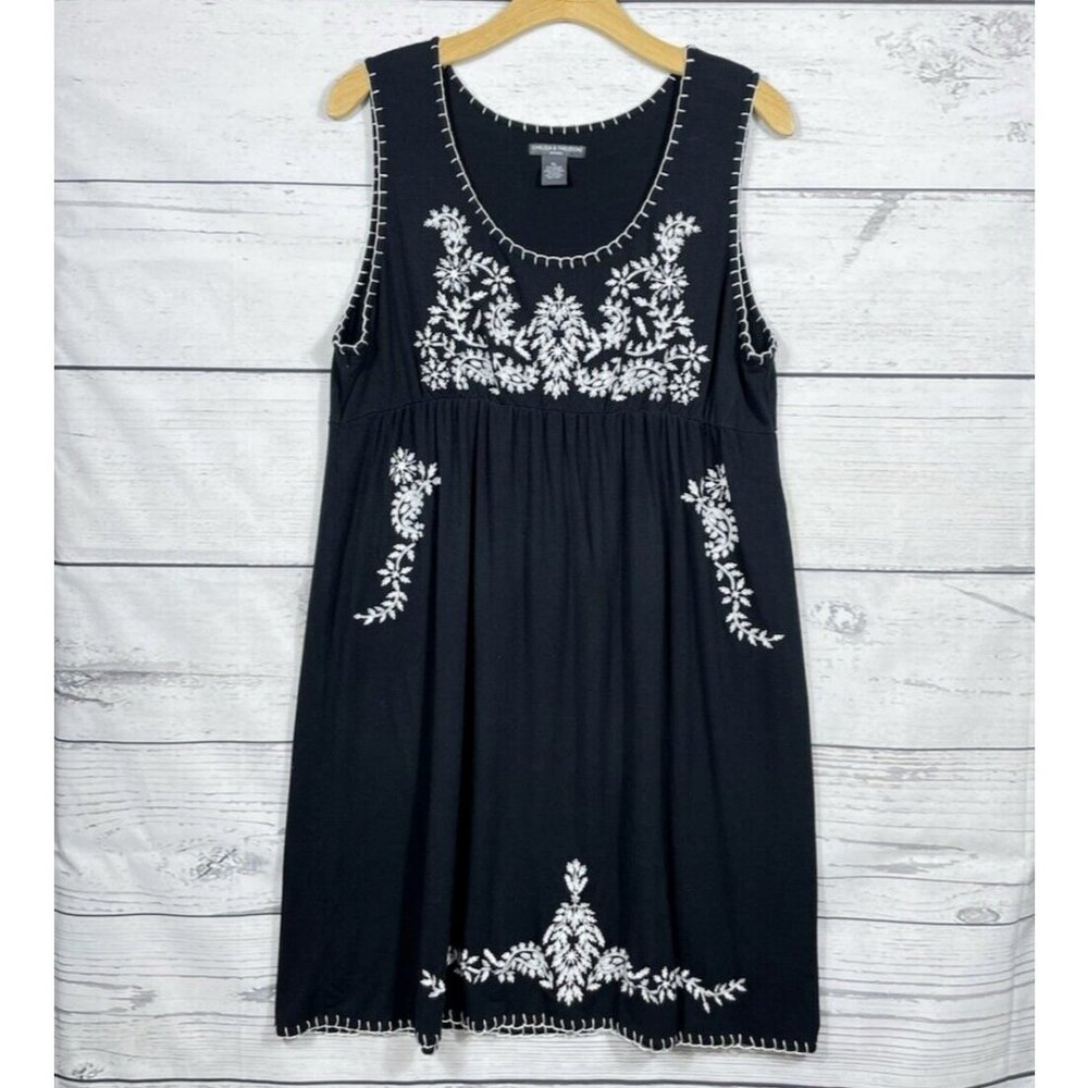 Chelsea & Theodore Dress Womens XL Sleeveless Black White Embroidery Rayon